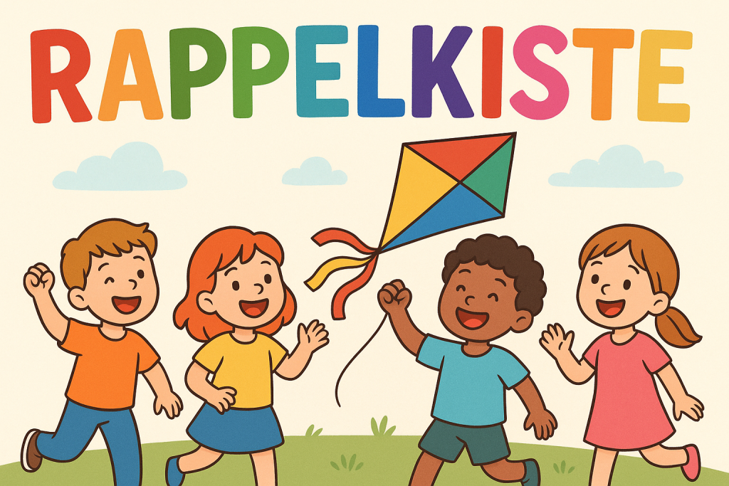 Auf dem Bild steht in bunten Buchstaben RAPPELKISTE, darunter sind vier gezeichnete Kinder auf einer Wiese, die mit Freude einen Drachen steigen lassen.
